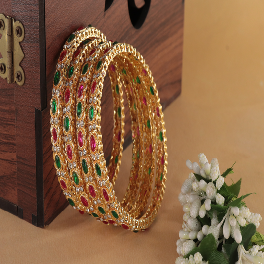 Gold Plated Red & Green Stone Bangles – Set of 2