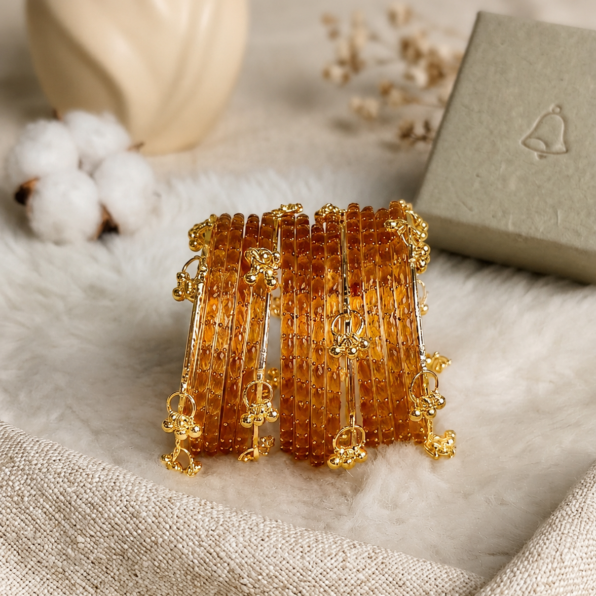 Trendy Glass Bangles With Gold Ghunghroo Set - Set Of 16