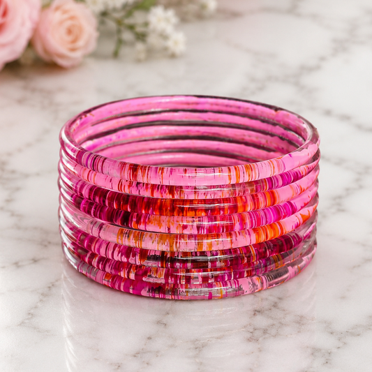 Glossy 3D Glass Bangle Set For Women - Set Of 8