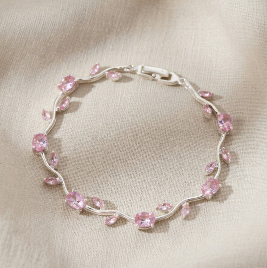 Trendy Tulip Pink Crystal Bracelet Floral Design Silver Plated Bracelet