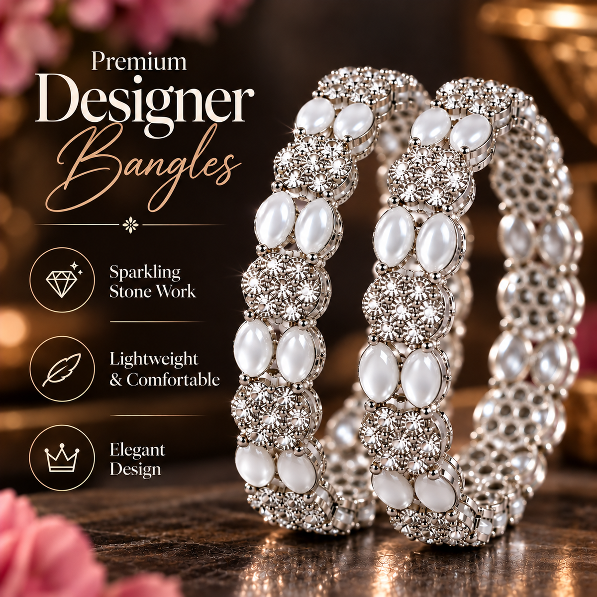 Silver Plated & Crystal Stone Studded Designer Bangles Set - Set Of 4