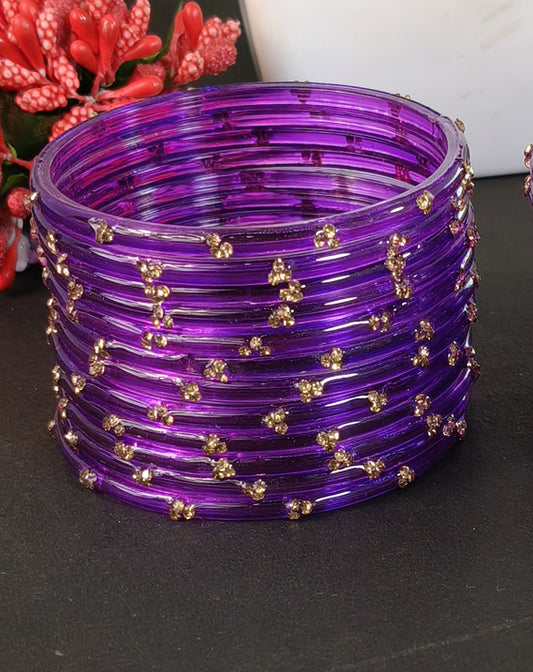 Traditional Purple Stone Gold Bangles Set Glossy Finish with Golden Stone Work Wear (Pack of 24)