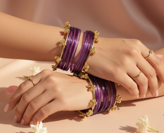 Traditional Lavender Ghungroo Bangles Set Gold-Toned Alloy with Elegant Latkan Design | Festive & Wedding Wear (Set of 12)