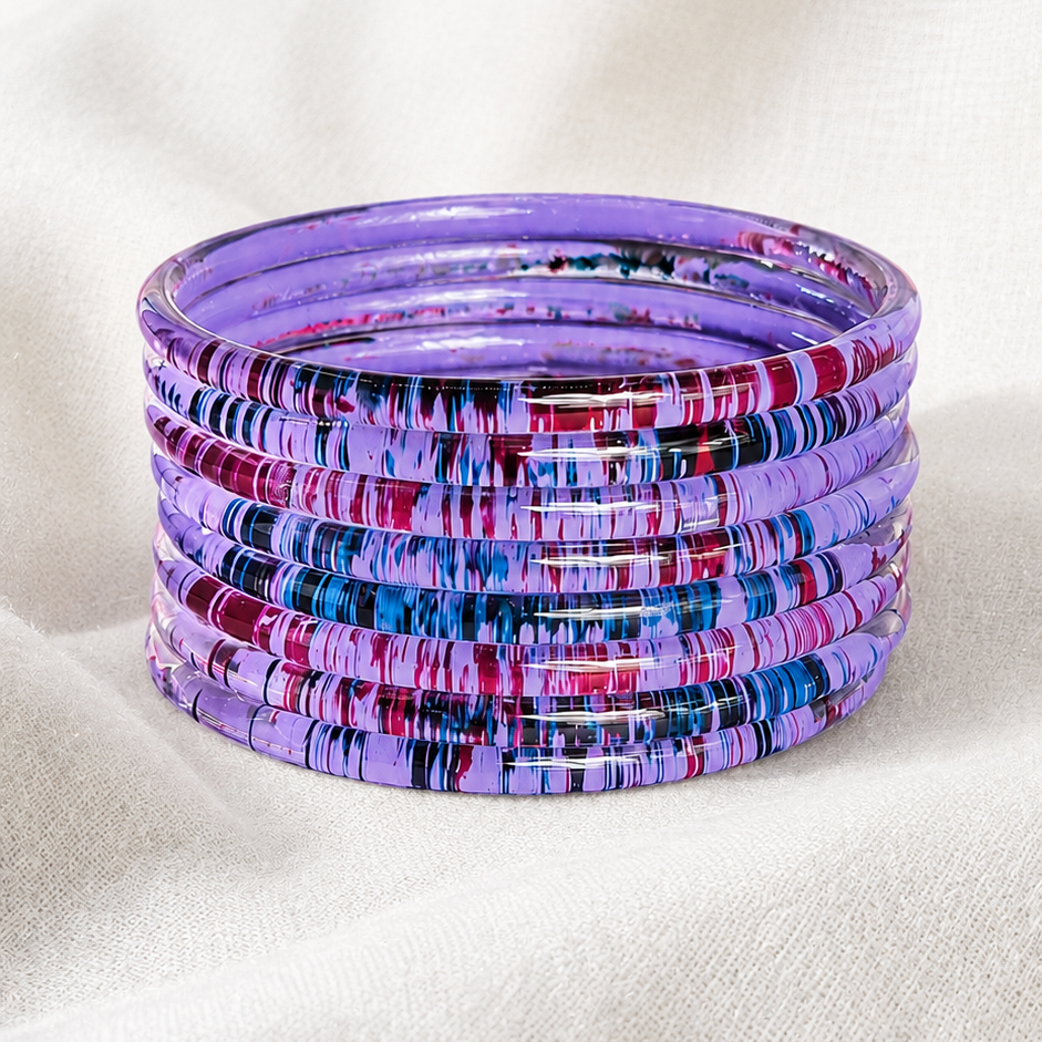 Glossy 3D Glass Bangle Set For Women - Set Of 8