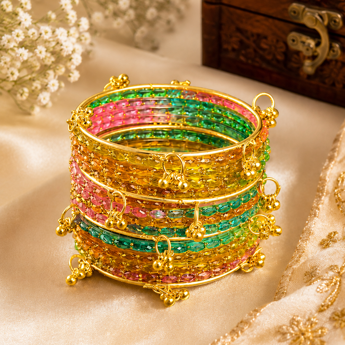 Trendy Glass Bangles With Gold Ghunghroo Set - Set Of 16