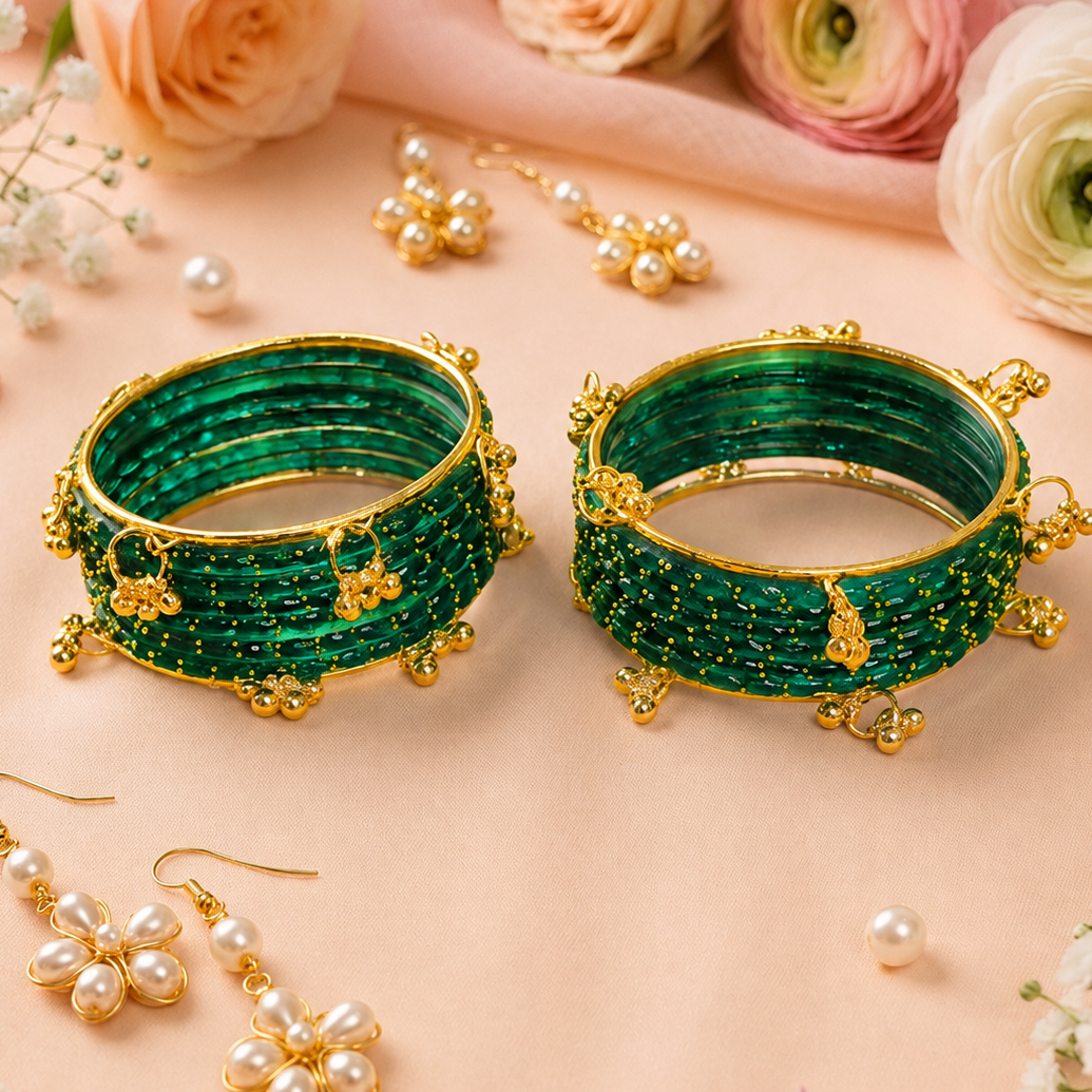 Trendy Glass Bangles With Gold Ghunghroo Set - Set Of 16