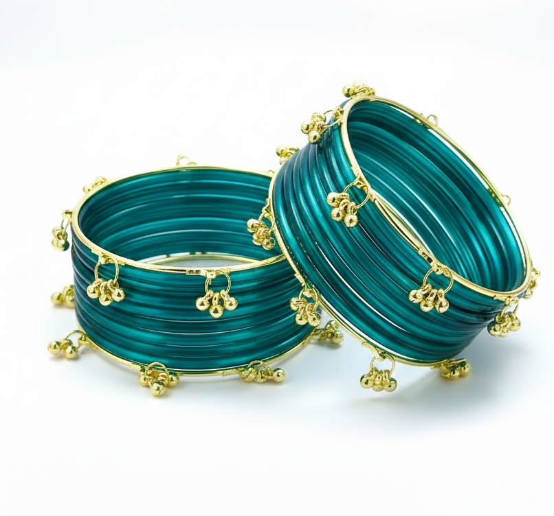 Trendy Ghungroo Glass Bangles Set for Kashmiri Style Bangles | Pack of 20 with Golden Metal Charm