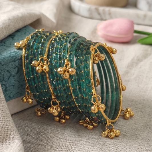 Trendy Glass Bangles With Gold Ghunghroo Set - Set Of 16