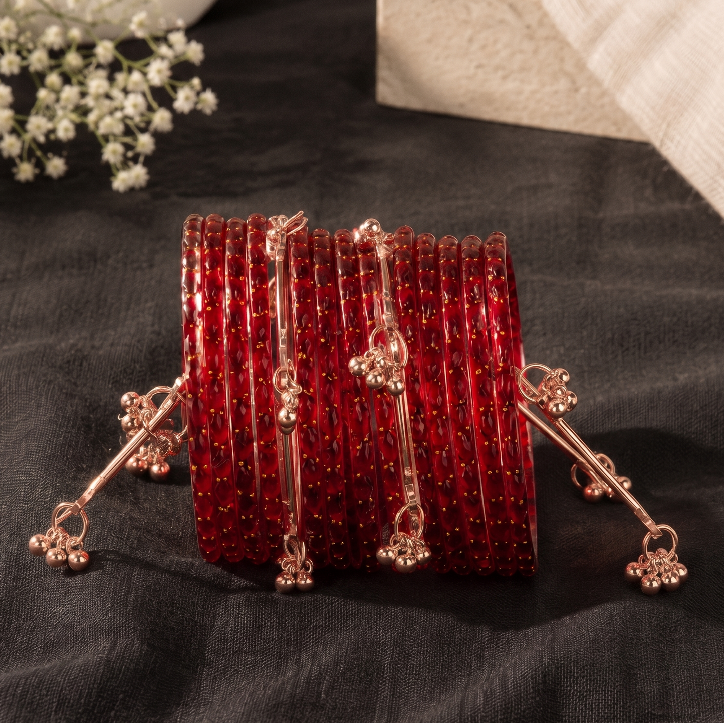Trendy Glass Bangles With RoseGold Ghunghroo Set - Set Of 16