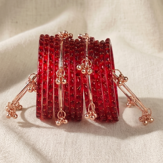 Trendy Glass Bangles With RoseGold Ghunghroo Set - Set Of 16