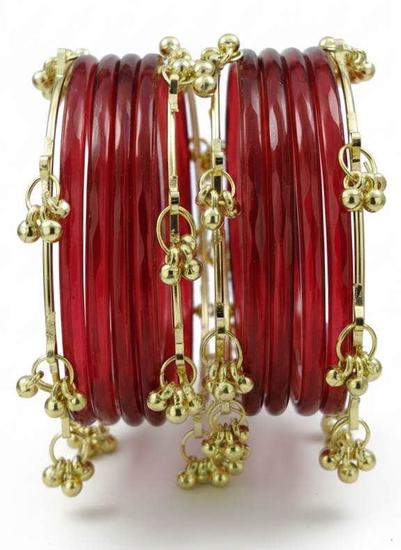 Trendy Red Ghungroo Bangles Set Gold-Toned Alloy with Elegant Latkan Design | Festive & Wedding Wear (Set of 12)