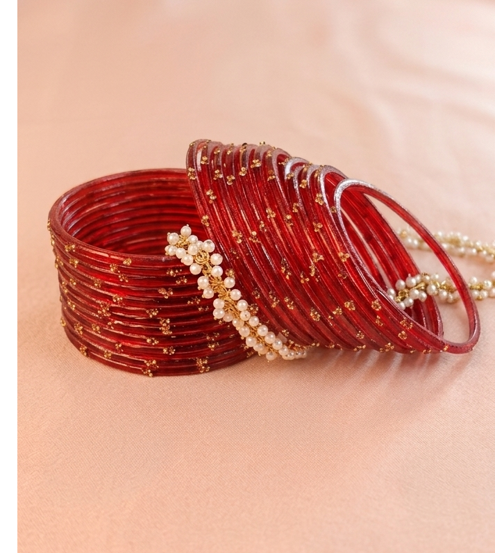 Traditional Red Stone Gold Bangles Set Glossy Finish with Golden Stone Work Wear (Pack of 24)