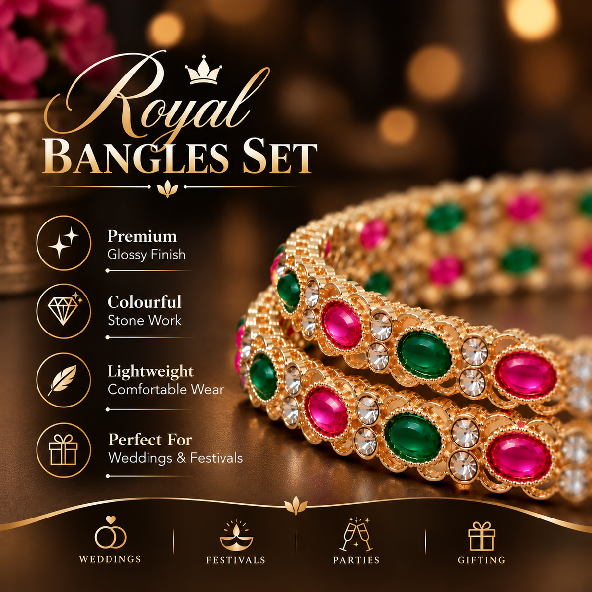 Gold Plated Traditional Bangles Set with Multicolor Red and Green Stone Work - Set Of 4