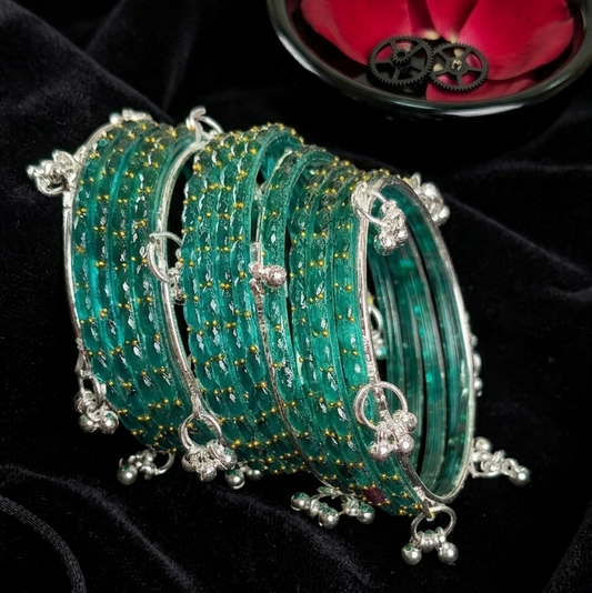 Trending Glass Bangle With Silver Ghunghroo Set For Women & Girls - Set Of 16