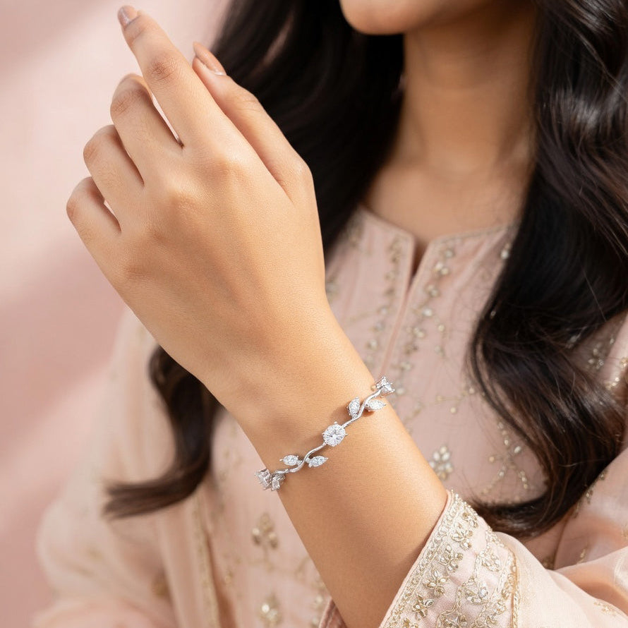 Trendy Tulip Silver Crystal Bracelet| Floral Design Silver Plated Bracelet