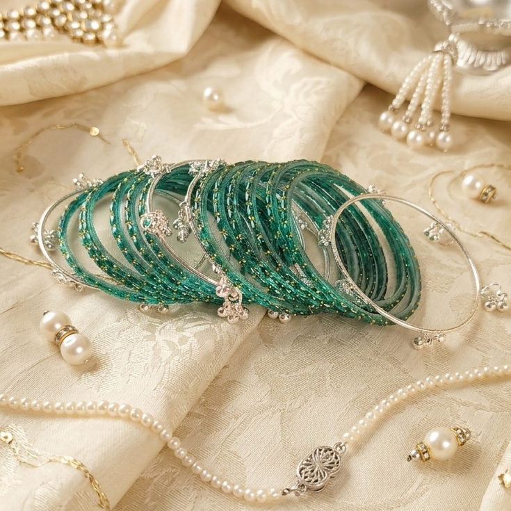 Trending Glass Bangle With Silver Ghunghroo Set For Women & Girls - Set Of 16