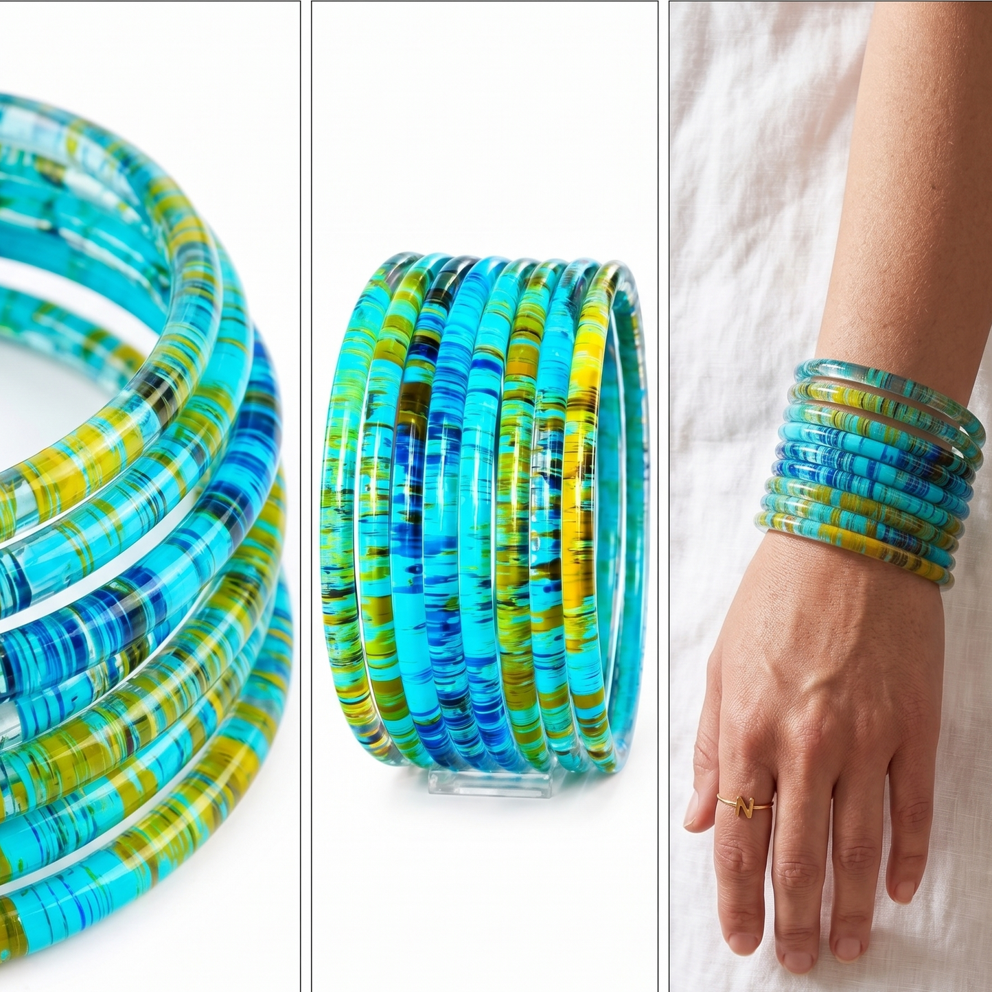 Glossy 3D Glass Bangle Set For Women - Set Of 8