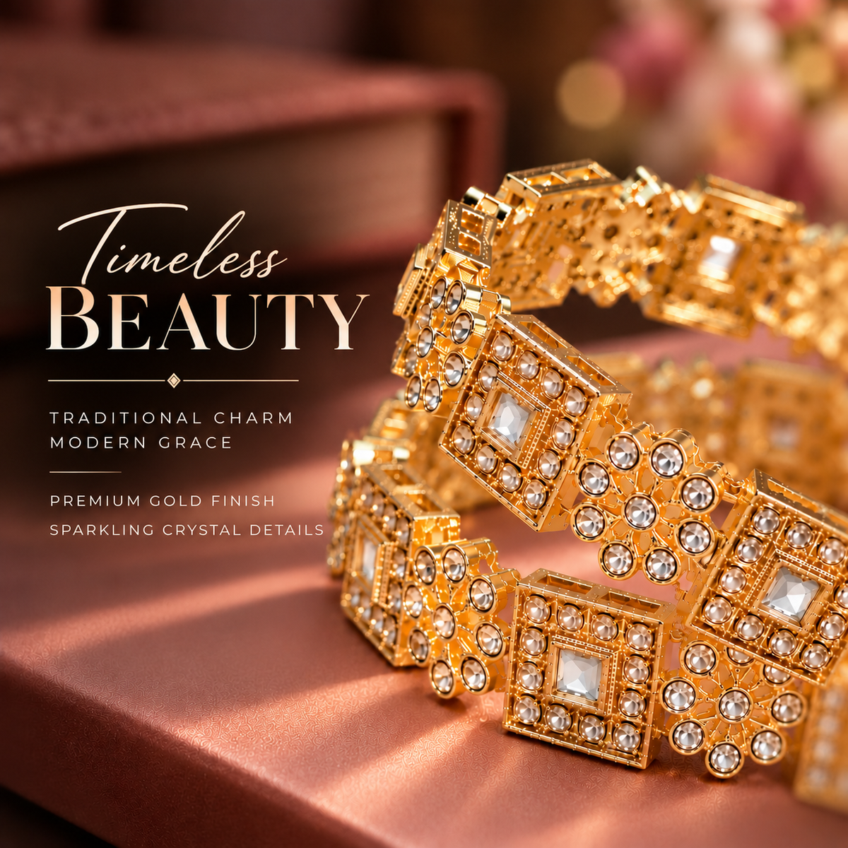 Gold Plated & Crystal Work Traditional Designer Bangle Set - Set Of 2