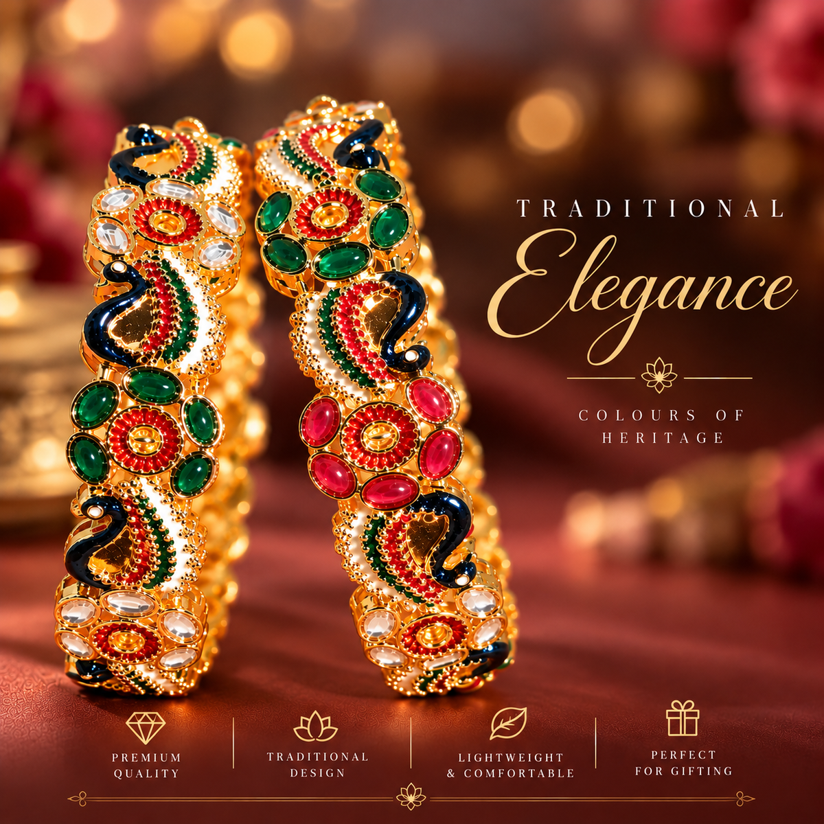 Traditional Gold-Plated Meenakari Kada Bangles with Multicolor Stonework - Set Of 2