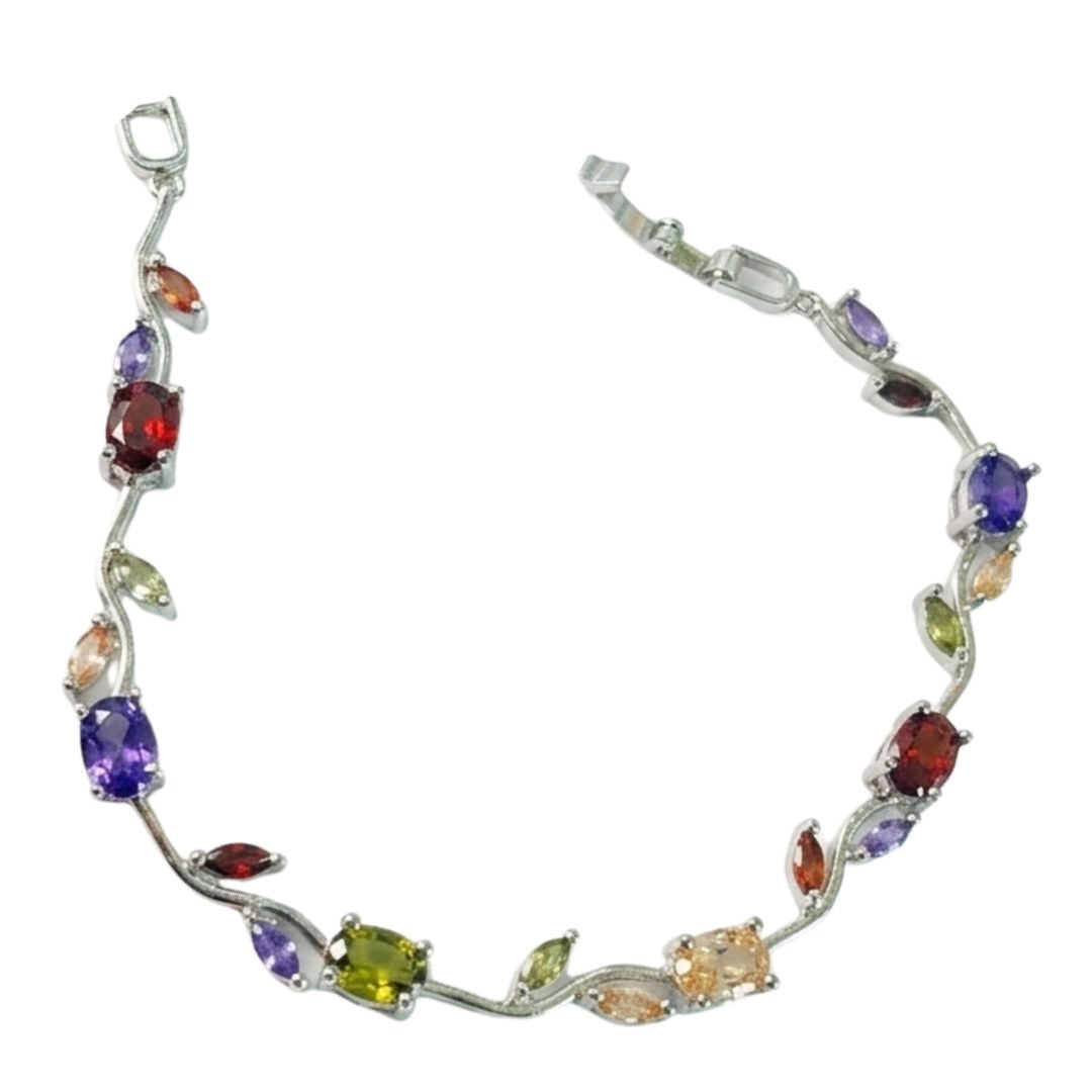 Trendy Tulip Multicolor Crystal Bracelet | Floral Design Silver Plated Bracelet