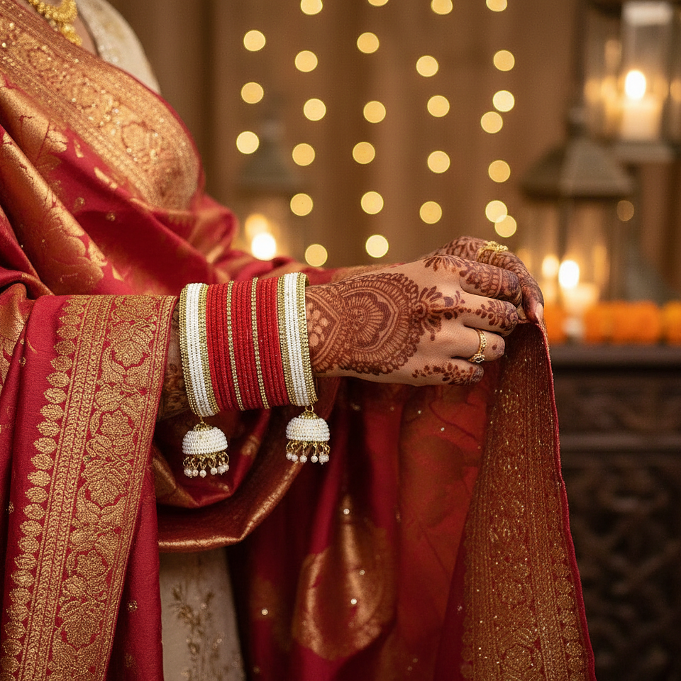 Bridal Red & White Chuda with Golden Detailing and Pearl Latkans – Set of 2