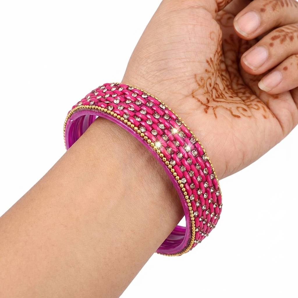 Traditional Look Kangan Glass Golden Zircon Stone & Beads Kada Set Fancy Design Bangles