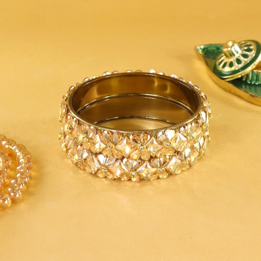 Gold Glass Kada Set Work With Zircon & Kundan Stone - Pack of 2