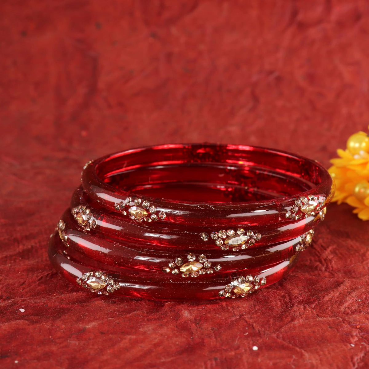 Maroon Designer Glass Bangles with Golden Work - Set of 4
