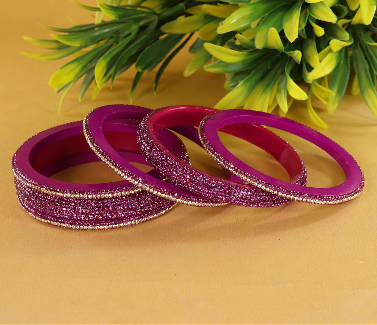 Magenta Designer Bangle Set Glitter Party Wear - Set of 6