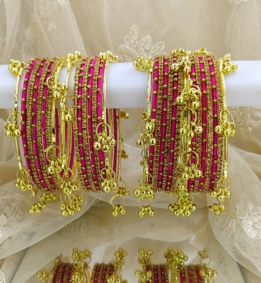 Traditional Magenta Silk Thread Bangles Set of 32 | Kashmiri Goti Metal Kangan for-Set of 32
