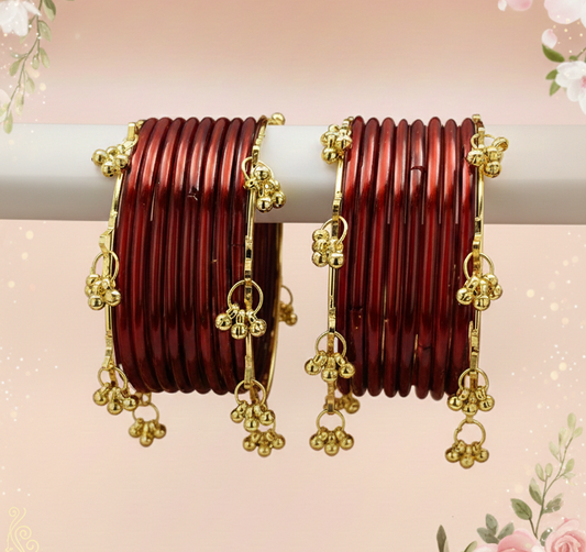 Treny Ghungroo Glass Bangles Set Kashmiri Style Bangles | Pack of 20 with Golden Metal Charm