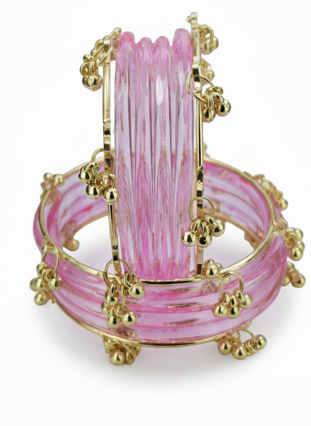 Stylish Pink Ghungroo Bangles Set Gold-Toned Alloy with Elegant Latkan Design | Festive & Wedding Wear (Set of 12)