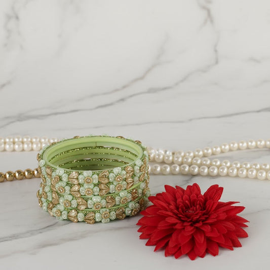 Pista Green Floral Heart Stone Bangles – Set of 4