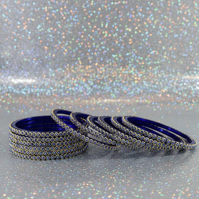 Regal Shine – Royal Blue & Gold Glass Bangles (12 Pieces)