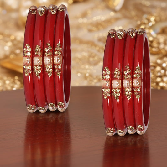 Bridal Red Glass Bangle Set (Pack of 8) | Golden Stone Work