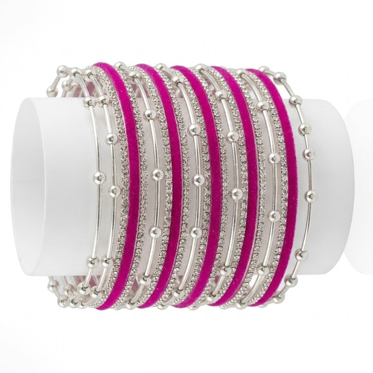 Premium Rani Velvet & Stone Studded Silver Bangles Set-16