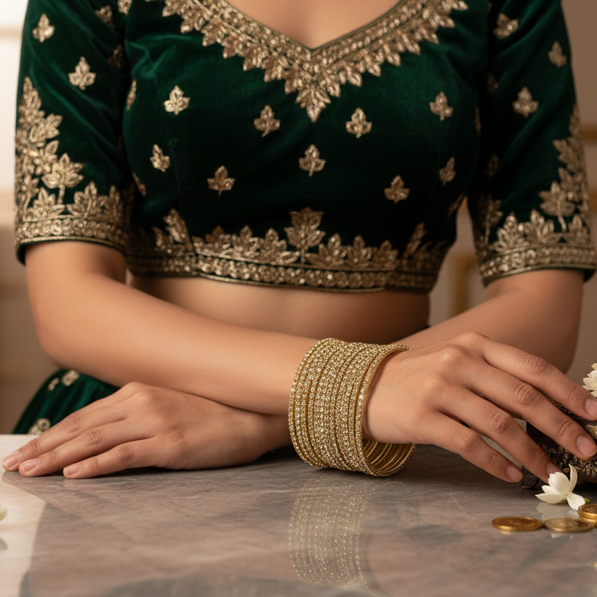 Non-Precious Metal with Base Metal and Zircon Gemstone Studded Premium and Traditional Glossy Finished Sleek Bangle set for Women and Girls