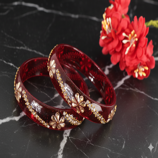 Red Floral Designer Glass Bangle Set of 2 – Stone & Bead Work