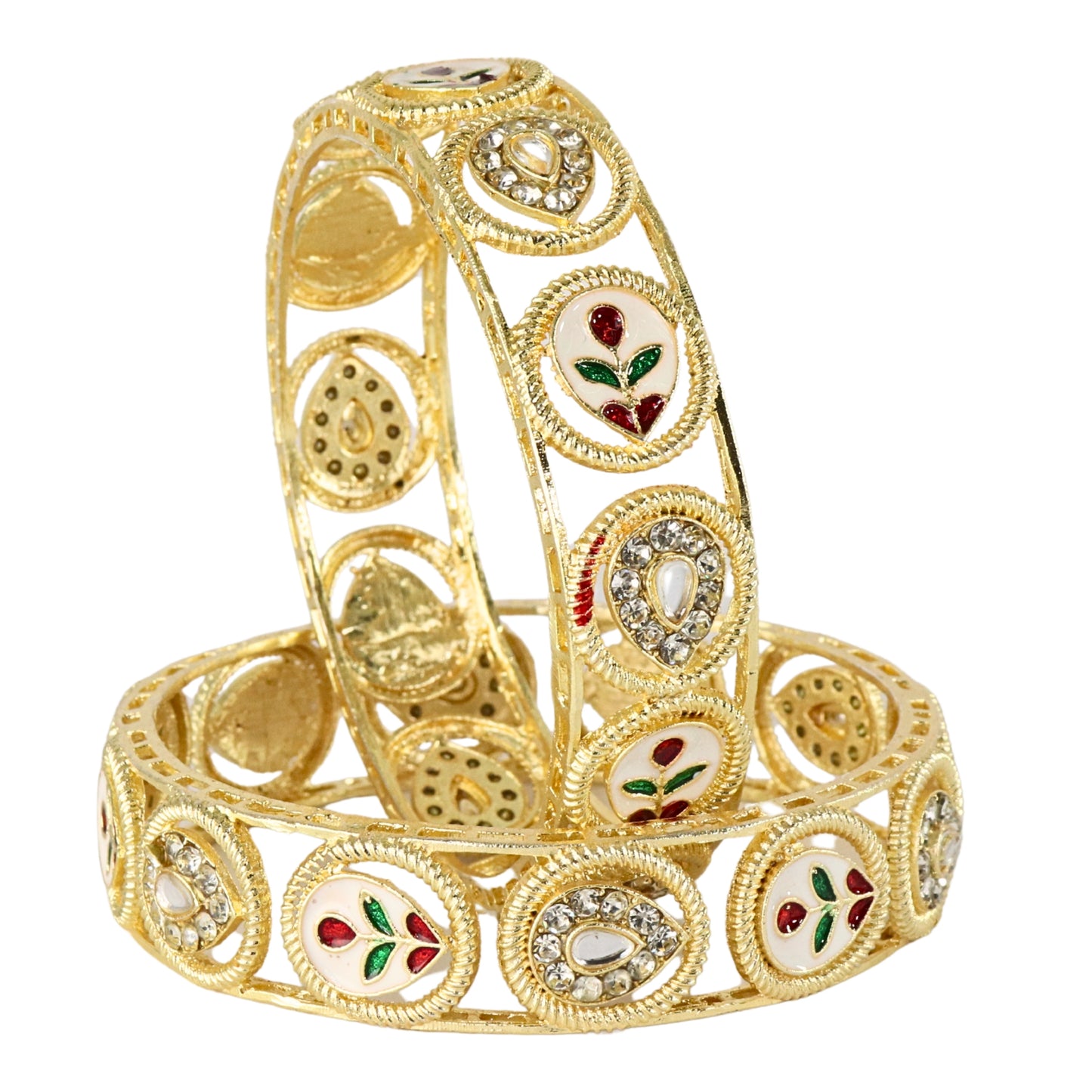 Premium Gold Plated Leaf & Kundan Meenakari Kada Set - Set Of 2