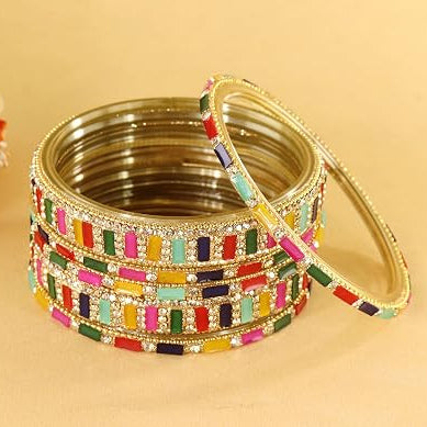 Glass Bangles Kada Set  With Zircon Stone Work - Pack of 6