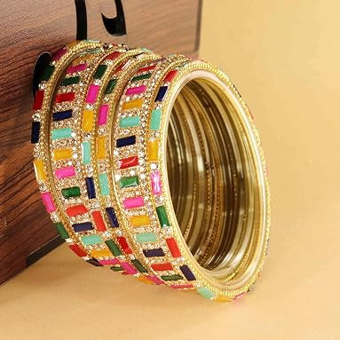 Glass Bangles Kada Set  With Zircon Stone Work - Pack of 6