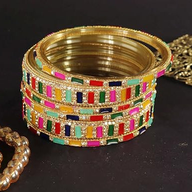 Glass Bangles Kada Set  With Zircon Stone Work - Pack of 6