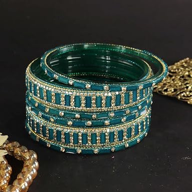 Glass Bangles kada Set With Zircon Stone Work- Pack of 6