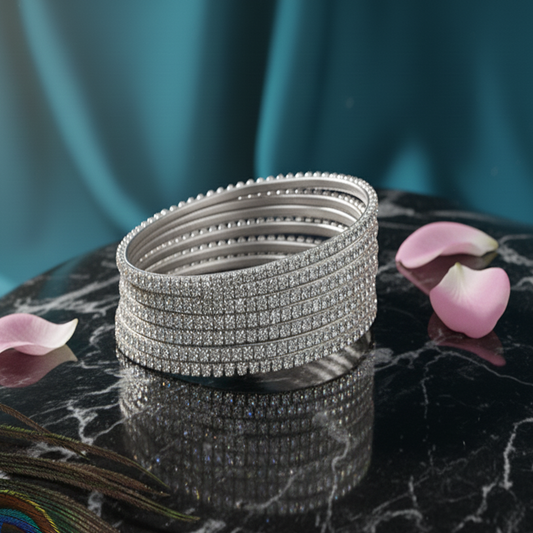 12-Piece Silver Crystal Stone Bangles – Elegant Party & Bridal Wear