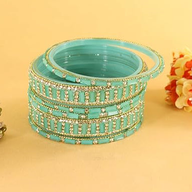 Glass Bangles kada Set With Zircon Stone Work- Pack of 6