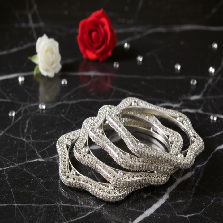 Elegant Silver Star Kada – Designer Wavy Bangle with Intricate Detailing & Glossy Finish