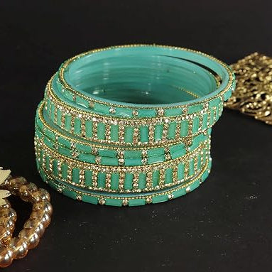 Glass Bangles kada Set With Zircon Stone Work- Pack of 6