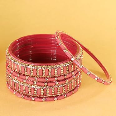 Glass Bangles Kada Set  With Zircon Stone Work - Pack of 6