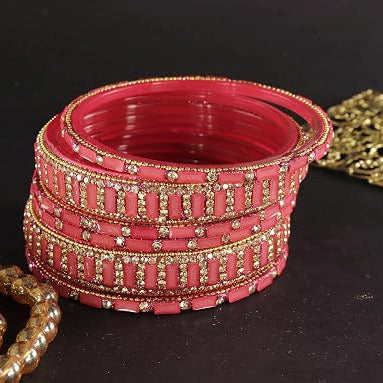 Glass Bangles Kada Set  With Zircon Stone Work - Pack of 6