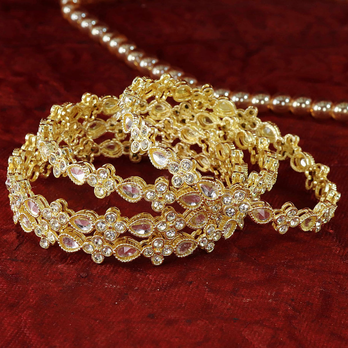 Gold Metal with Zircon Diamond & Kundan Stone Bangles - Set of 4